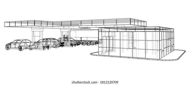 Electric Car Charging Station with Cars and Truck. Vector rendering of 3d. Wire-frame style