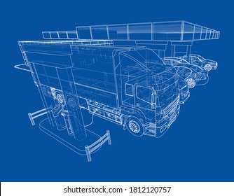 Electric Car Charging Station with Cars and Truck. Vector rendering of 3d. Wire-frame style