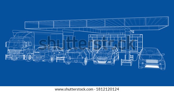 Electric Car Charging Station with Cars
and Truck. Vector rendering of 3d. Wire-frame
style