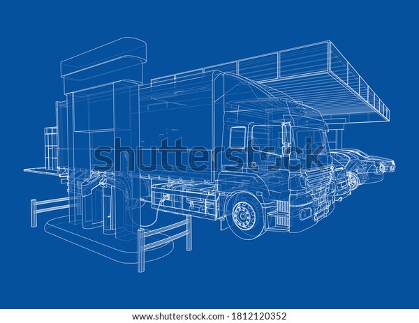 Electric Car Charging Station with Cars\
and Truck. Vector rendering of 3d. Wire-frame\
style