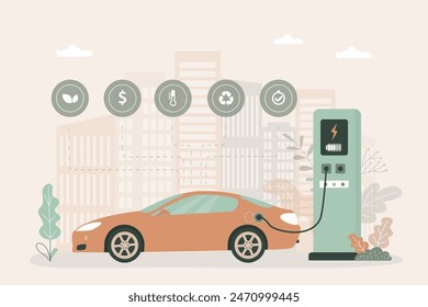 Electric car at charging station. City landscape on background. Ecologically clean transport. Technology of electrical auto with fast charge. Sustainable development. flat vector illustration