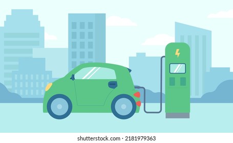 Electric car at the charging station, the concept of ecology, green energy.