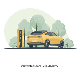 Electric car is charging. Electric car with charging station. The concept of charging an electric car. Isolated vector illustration electric vehicle.