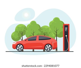 Electric car is charging. Electric car with charging station.The concept of charging an electric car. Isolated vector illustration electric vehicle.