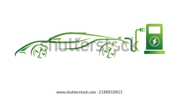 Electric car and electric charging\
station concept green drive symbol, vector\
illustration