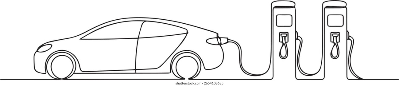 Electric car charging at station in continuous one line drawing, minimalist eco transport vector illustration

