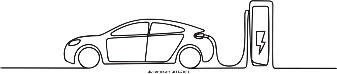 Electric car charging at station in continuous one line drawing, minimalist eco transport vector illustration

