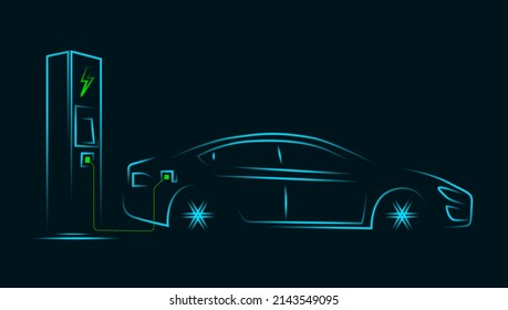 Electric car with charging station created from neon strokes - vector illustration
