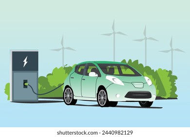 Carga eléctrica del coche en la estación de carga, transporte ecológico, turbina, ilustración vectorial de estilo plano