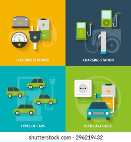 Electric car charging station and electricity power flat color decorative icon set isolated vector illustration