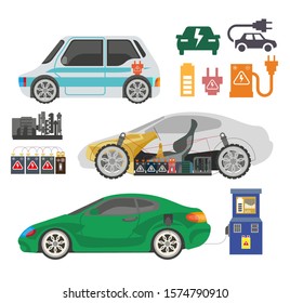 Electric car charging station, electrocar internal mechanism, eco automobile isolated icons vector. Green vehicle details, charger and battery, futuristic transport. Modern auto technology, ecology
