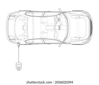Electric car charging station. Electromobile. Vector rendering of 3d. Wire-frame style. The layers of visible and invisible lines are separated. Orthography
