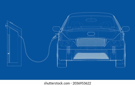 Electric car charging station. Electromobile. Vector rendering of 3d. Wire-frame style. The layers of visible and invisible lines are separated. Orthography