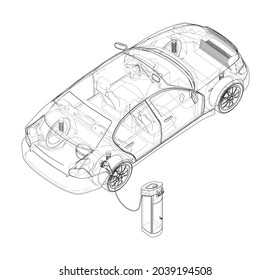 Electric car charging station. Electromobile. Vector rendering of 3d. Wire-frame style. The layers of visible and invisible lines are separated. Orthography