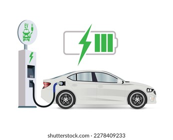 Electric car charging at the station. Electronic vehicle power dock. EV Plugin station. EV Charger and electric car charging, Electronic vehicle Vector.