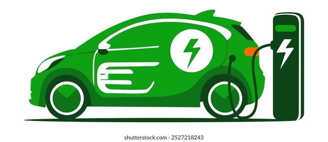 Electric car at charging station. Enviromental friendly vehicle. Eco design. Side view.