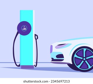 Auto eléctrico en la estación de carga. Concepto de EV. Agradable para la naturaleza. Ilustración vectorial.