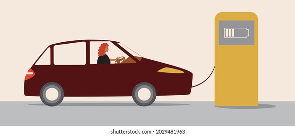 Elektrische Ladestation für Autos. Flache Vektorgrafik. Der weibliche Fahrer berechnet Elektromobilität. Elektrische Batterie für umweltfreundliche Nutzung. Parkplatz zum Aufladen. Autos werden geladen. Vektorgrafik