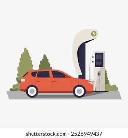 Electric car charging at station in flat vector illustration symbolizing clean energy, sustainability, and eco friendly transportation, isolated on white background.