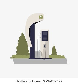 Electric car charging station in flat vector illustration symbolizing renewable energy, eco friendly technology, and sustainable transportation, isolated on white background.