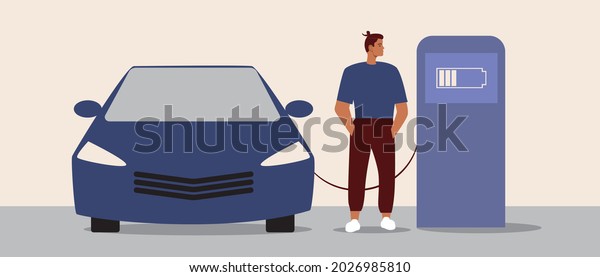 Electric\
car charging station. Flat vector stock illustration. Electrical\
power. Battery for recharging. Eco-friendly auto technology. The\
man is charging Electric car. Vector\
graphics