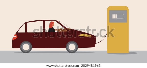 Electric\
car charging station. Flat vector stock illustration. Woman driver\
charges electromobility. Electric battery for eco friendly. Parking\
for recharging. Car charging. Vector\
graphics