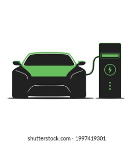 Electric car at charging station. Front view electric car silhouette with on white background. EV concept. modern car illustration