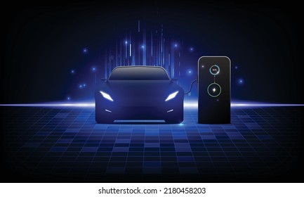 Electric car at charging station. Front view electric car silhouette with blue glowing on dark background. EV concept. Vector illustration
