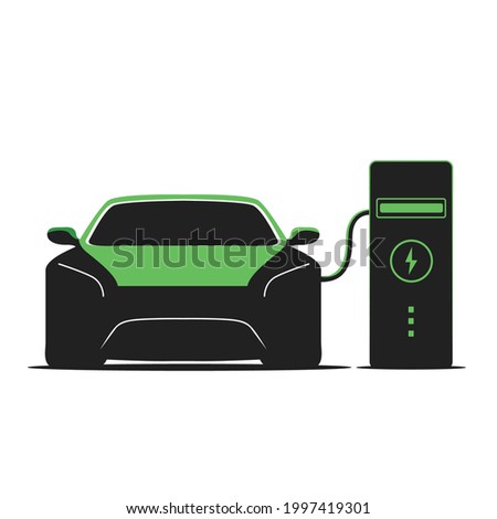 Electric car at charging station. Front view electric car silhouette with on white background. EV concept. modern car illustration