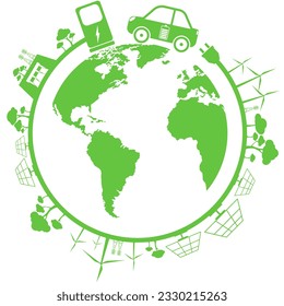 Electric car charging station with green energy on Earth map. Green energy technology concept.