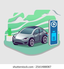 Electric car with charging station, green energy, eco energy