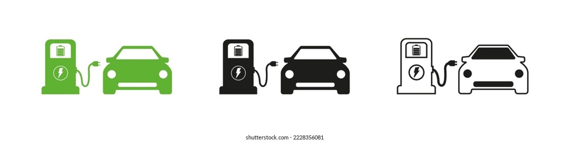 Electric car charging station icon.  Symbols of an electric car at a gas station.  Alternative energy. Vector EPS 10.