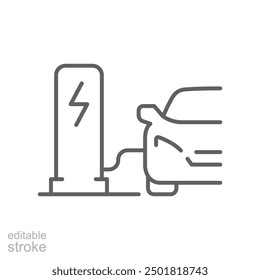 Electric car charging station icon. Simple outline style. Car, EV, charge, electric vehicle, eco, technology, future energy concept. Thin line symbol. Vector illustration isolated. Editable stroke.