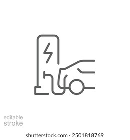 Electric car charging station icon. Simple outline style. Car, EV, charge, electric vehicle, eco, technology, future energy concept. Thin line symbol. Vector illustration isolated. Editable stroke.