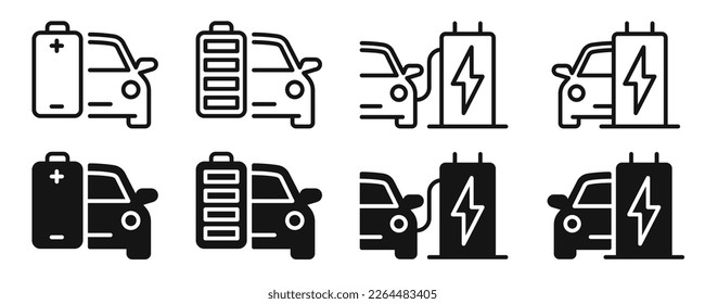 Iconos de la estación de carga del coche eléctrico. Iconos vectoriales del cargador de coche Electro. Cargo eléctrico del coche. Iconos de concepto de vehículo eléctrico. EPS 10