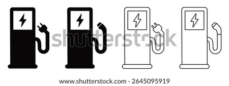 Electric Car Charging Station Icons – Outline and Filled Vector Set for EV Mobility and Green Energy