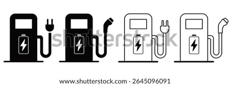 Electric Car Charging Station Icons – Outline and Filled Vector Set for EV Mobility and Green Energy