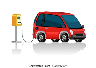 An electric car at charging station illustration