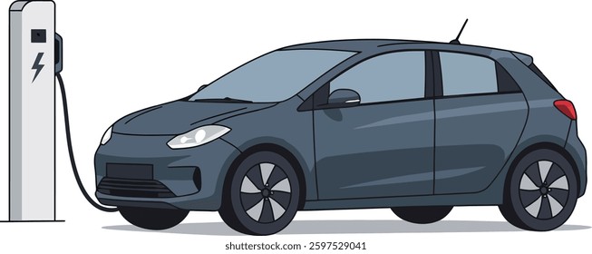  Electric Car Charging At Station, Isolated On White Background