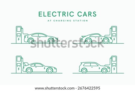 Electric car at charging station line art style vector illustration. Car park EV charging station symbol logo icon set