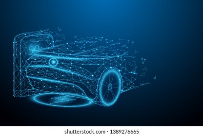 Electric Car At Charging Station From Lines, Triangles And Particle Style Design. Illustration Vector