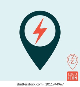 Electric car charging station map pin icon. Electrical cable plug charge location point. Vector illustration.
