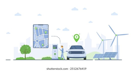 Kartenkonzept für Elektroautoladestationen. Ein Mann lädt sein Elektrofahrzeug an einer Station auf und nutzt eine Smartphone-App, um nahe gelegene Ladepunkte zu finden. Turbinen und Solarpaneele symbolisieren grüne Energie 