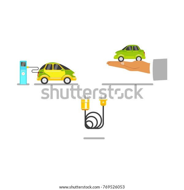 Electric car charging at station and offered by hand,\
power cable, flat vector illustration isolated on white background.\
Plug-in electric vehicle, charging station, power cable,\
alternative fuel car