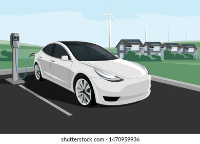 Electric car with charging station on a background of eco city using renewable energy. Vector illustration EPS 10