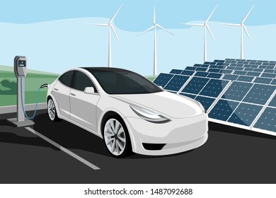 Electric car with charging station on a background of solar panels and wind turbines. Vector illustration EPS 10