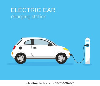 Electric car and charging station on blue background. Vector illustration.