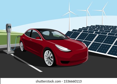 Electric car with charging station on a background of solar panels and wind turbines. Vector illustration EPS 10