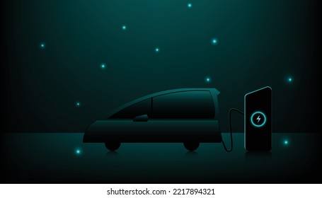 Electric car at charging station. on dark background. EV concept. Vector illustration