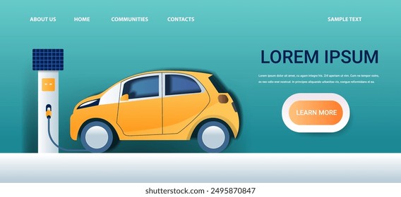 Electric car charging station paper cut style. Yellow car connected to a charging station on a gradient blue background with buttons and navigation. Website banner template paper cut style